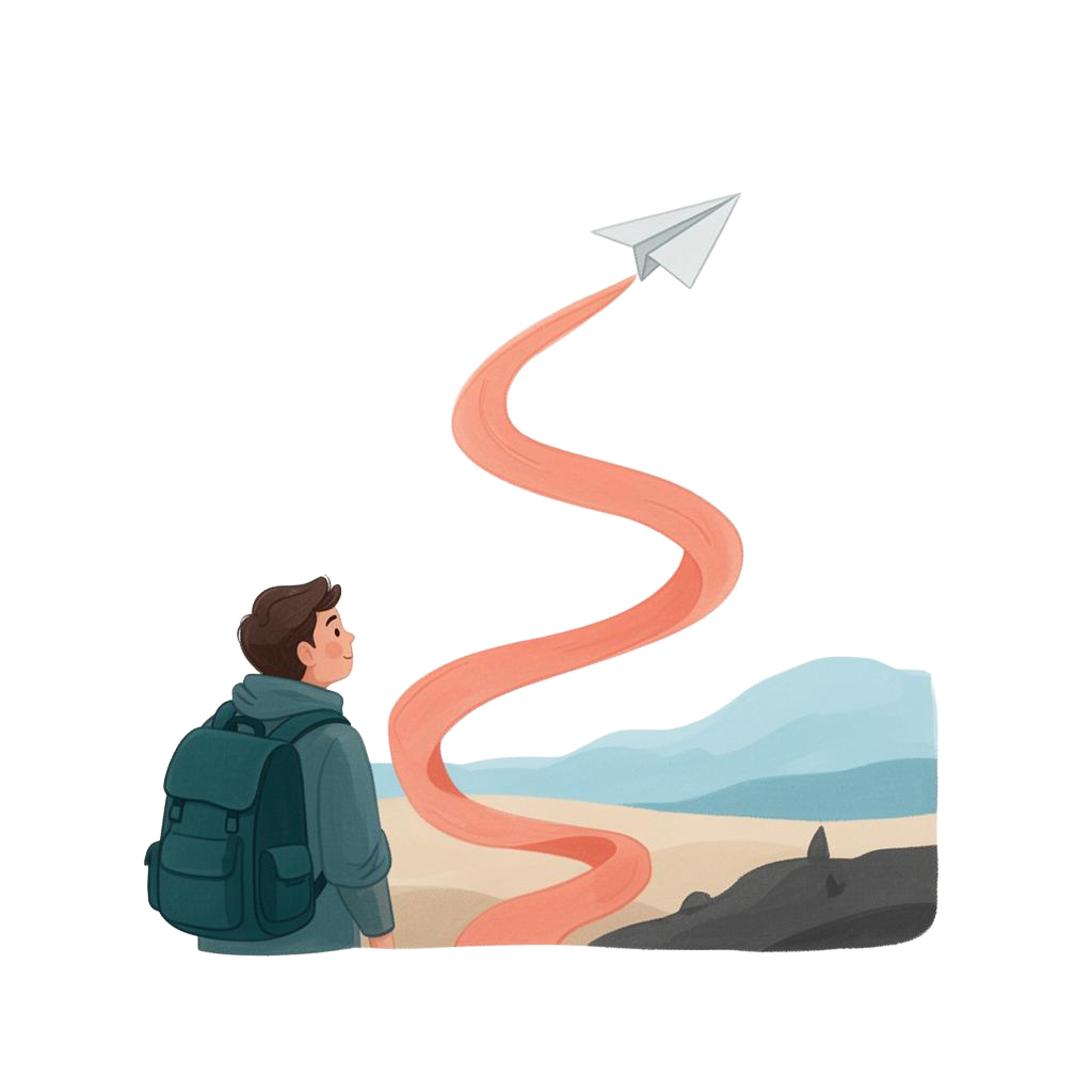 Traveller watching a paper plane rise into the sky